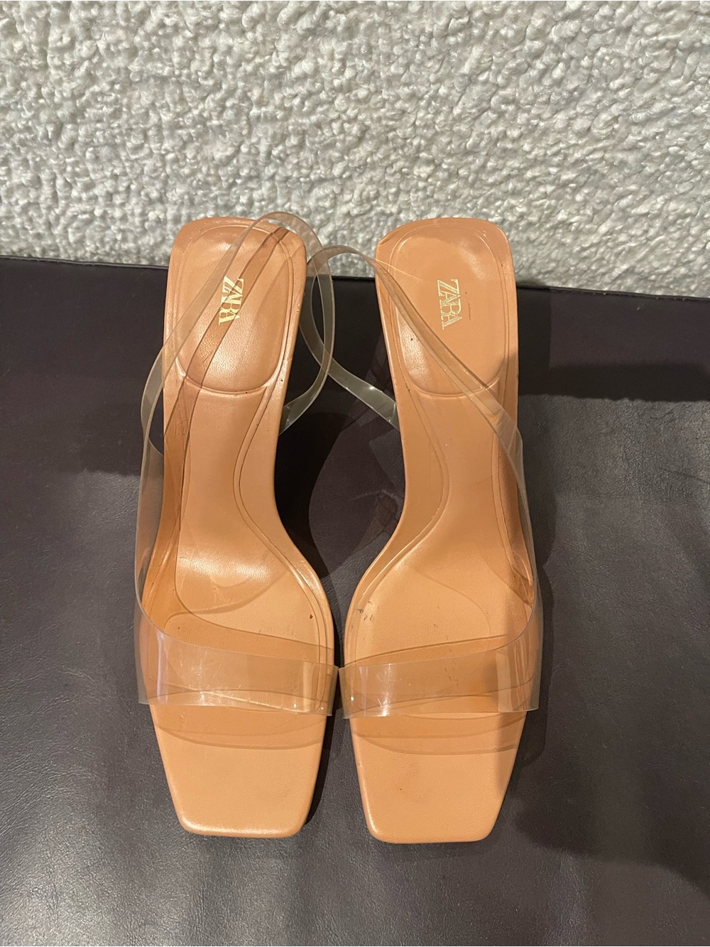 ZARA Transparent Strap Tan Square-Toe Slide Sandals - Picture 3 of 5
